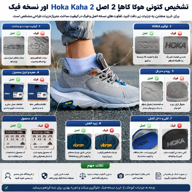تشخیص کتونی هوکا کاها 2 اصل Hoka Kaha 2 اور نسخه فیک