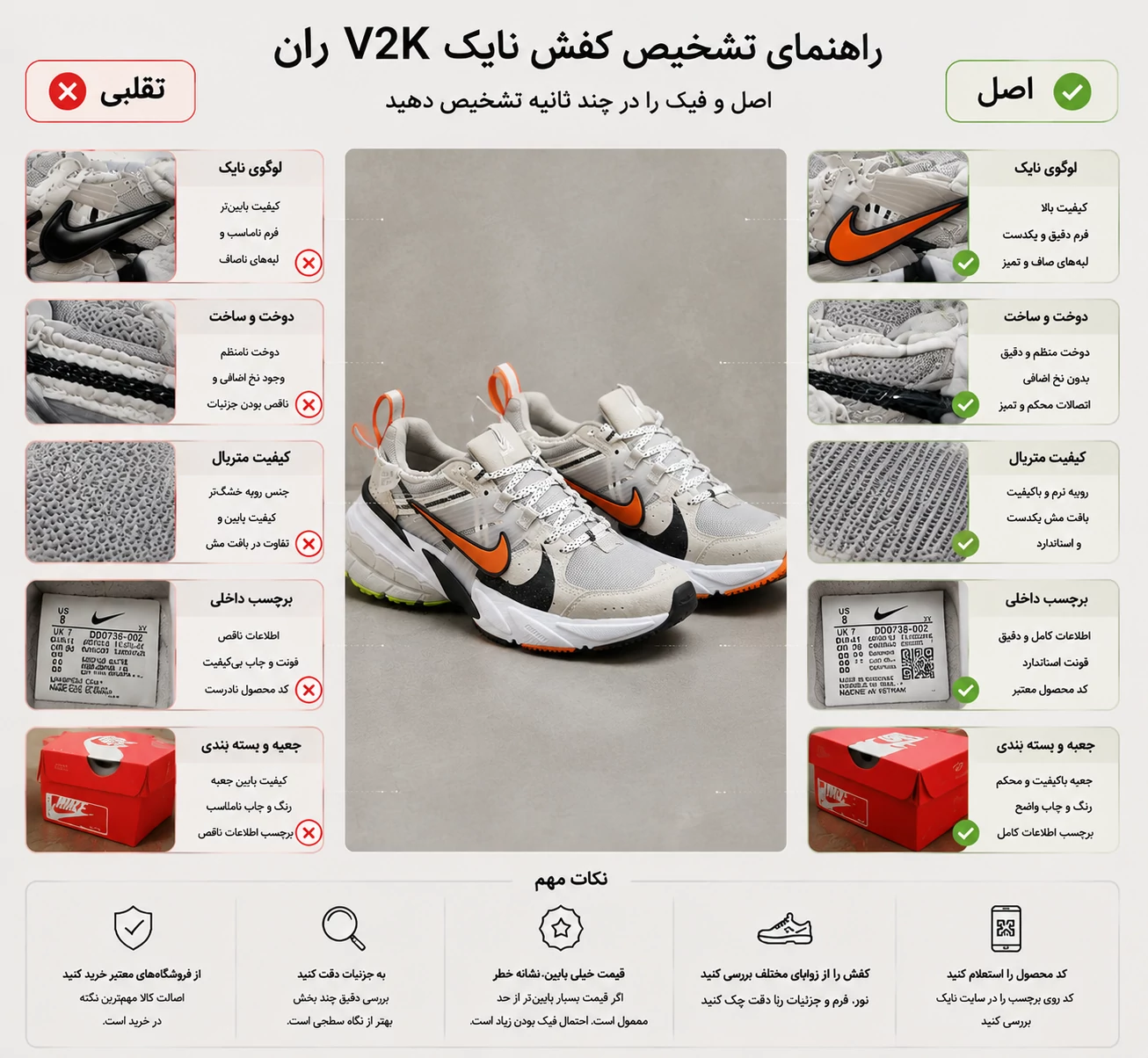 چگونه نایک V2K ران اصل را از تقلبی تشخیص دهیم؟